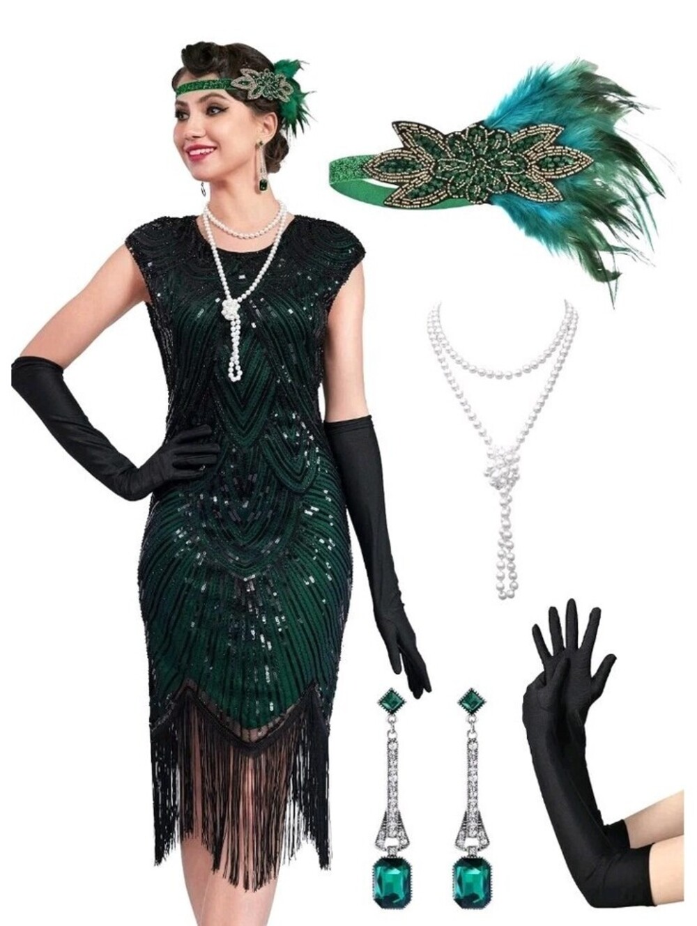 1920s Flapper Dress Great Gatsby Costume Set Green Black Sequined Fringe Womens